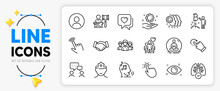 Teamwork, Lungs And Handshake Line Icons Set For App Include Heart, Auction, Bitcoin Project Outline Thin Icon. Headshot, Employees Teamwork, Brain Working Pictogram Icon. Vector