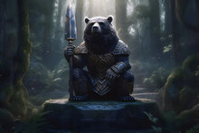 A Black Bear In Heavy Armor With A Sledgehammer In His Hand, Generative AI
