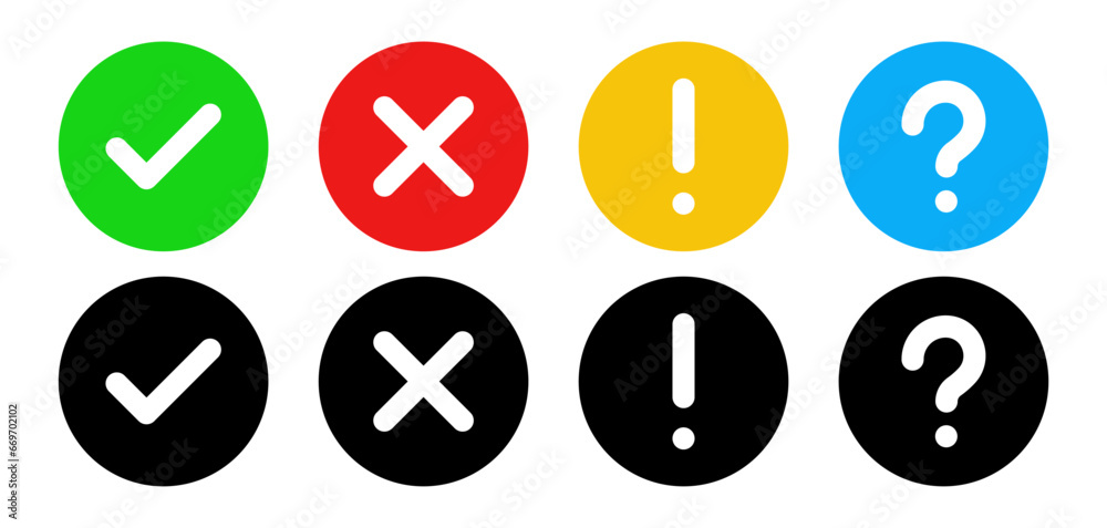 Check mark icon button set. Question mark, information icons. Check box ...