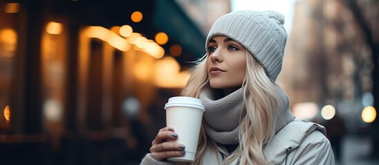 Poster - Blonde girl in street wearing winter clothes drinking from thermos cup