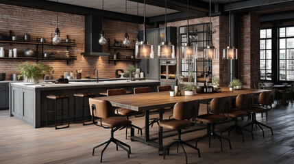 A chic urban loft kitchen with industrial pendant lights and an open-concept design