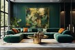 Contemporary lounge area with a vibrant green couch. Generative AI