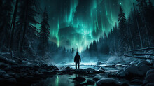 Man Watching Aurora Borealis In Forest Winter
