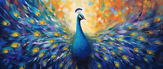 Wall Mural - painting style illustration of peacock in flower garden, Generative Ai