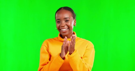 Wall Mural - Face, black woman and clapping hands on green screen studio and color background for success. Happy female model, portrait and applause for achievement, motivation and celebration of winning praise