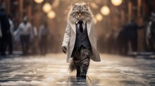 A Cat Wearing A Suit And Tie Walking Down A Street. Fashion Show. Generative AI.