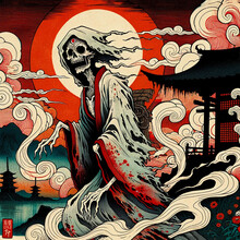 Ukiyo-e Style Woodblock Print Illustration Capturing The Haunting Presence Of An 'onryō', A Vengeful Spirit From Japanese Legends