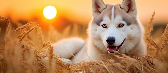 Wall Mural - Siberian Husky dog lying in rye field at sunset with tongue out