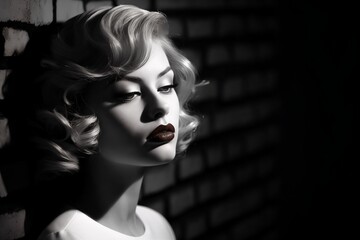 Portrait of a woman at night, near a brick wall background, dark, street. Noir. Tense mood, anxiety and fear. Photo in style of 1960