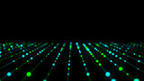 Fototapeta Przestrzenne - Abstract grid with green light on black background. Science background with moving dots and lines. Network connection technology. Digital structure with particles. 3d rendering.
