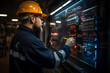 © Gonzalo - Professional electric worker in hardhat. Portrait of engineer electrician man
