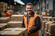 © Gonzalo - Positive happy middle-aged employee man in uniform smile look at camera posing against a lot of stacked cardboard boxes, parcels. Mature male worker standing in warehouse preparing goods for dispatch