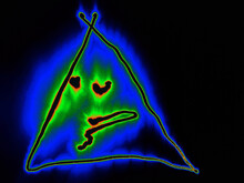 Glowing Painted Face. On A Black Background, Two Dots And A Line Below Them Are Hand-drawn In A Triangle With Colored Neon Lines. The Face Glows Orange-green Around The Edges, With A Blue Halo Around