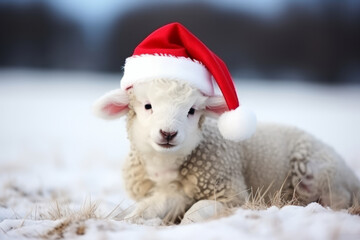 Poster - Cute little festive lamb sheep wearing a Father Christmas santa hat