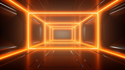 Poster - Neon Glowing Orange Laser Frame Futuristic Sci Fi Retro Light On Grunge Room Dance. generative ai