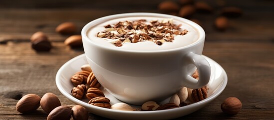 Canvas Print - White background with cup of hot chocolate and nuts