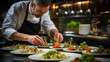 © Milan - A skilled chef in a restaurant kitchen, meticulously plating a gourmet dish with artistic precision
