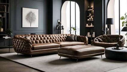  living room with retro style brown leather sofa and dark grey wall