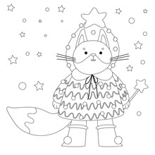 Winter Coloring Page. Cute Fox In Christmas Tree Costume With Christmas Star. Coloring Page For Coloring Book. Cartoon Vector Illustration.