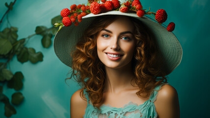 Wall Mural - Portrait of a young, elegant, beautiful woman who dresses like a lady with a fruit hat. Modern fashion in pastel colors.