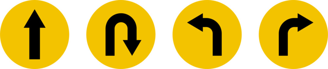 Poster - Go Straight This Way One Way Only U Turn Left and Right Black and Yelllow Arrow Round Circle Traffic Sign Direction Icon Set. Vector Image.	