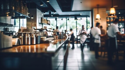 Blur coffee shop or cafe restaurant, Blurred restaurant background with some people and chefs and waiters working