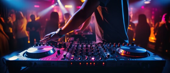 hand of female dj control on a mixer table in a disco club