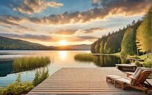 A Beautiful Sunset View Of A Lake With Rolling Hills And Forests In The Background With A Dock And Garden Chairs Created With Generative Ai
