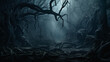 An eerie, dark forest with twisted branches and a strange mist in the air