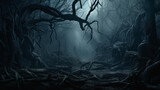 Fototapeta  - An eerie, dark forest with twisted branches and a strange mist in the air
