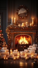 Wall Mural - fireplace with christmas decorations, christmas time in family room with decorations, fireplace and christmas tree, generative ai