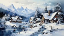 Small Village In The Mountains, Christmas Village On A Snowy Winter During Christmas, Generative Ai