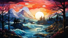 Sunset In The Mountains, Simple Stained Glass Window With Landscape, Generative Ai
