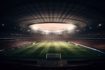 Wall Mural - An arena for soccer matches showcasing a sports field and a ball, creating an ambiance of European football competition. Generative AI