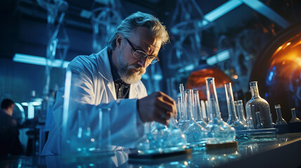 Wall Mural - A focused scientist in a laboratory, wearing a lab coat and conducting experiments with scientific equipment