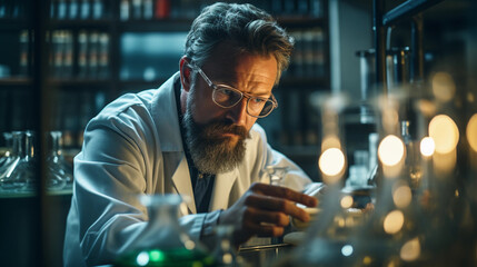 Wall Mural - A focused scientist in a laboratory, wearing a lab coat and conducting experiments with scientific equipment