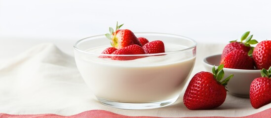 Poster - Red bowl with milk and strawberry semolina on a fabric napkin on a white table