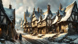 winter scene with a snow covered old fashioned english town street in winter with ancient houses and people in the street