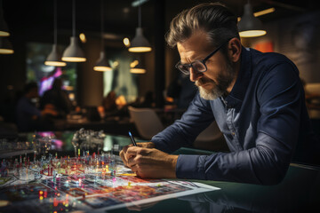 Wall Mural - An entrepreneur meticulously sketching a business plan, mapping out their startup's future. Generative Ai.