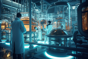 Poster - Scientists working on innovative processes for creating bio-based chemicals at a bio-refinery, supporting chemical sustainability program. Generative Ai.