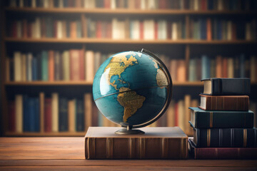 Poster - an illustration of a world globe with books symbolizing the universal need for literacy. generative 
