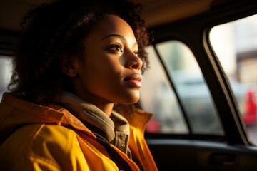 Poster - Woman professional taxi driver. Top professions concept. Portrait with selective focus and copy space