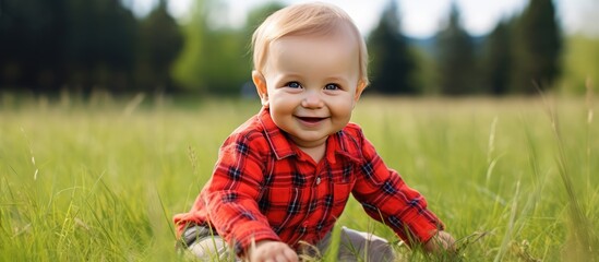 Joyful child wearing plaid shirt and red pants playing on green grass