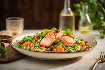 Wall Mural - Nutrient-Rich Delight: Salmon and Quinoa Salad with a Zesty Orange Twist, Adorned with Seeds - A Gourmet Culinary Dish Packed with Fresh Ingredients and Delicious Flavors.

