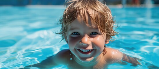 Canvas Print - Cute boy enjoying blue swimming pool