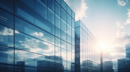 Modern office building or business center. High-rise window buildings made of glass reflect the clouds and the sunset. empty street outside  wall modernity civilization. growing up business