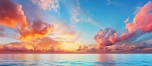 Colorful Sunset Sky Over Mediterranean Sea Clouds With Sunrays Cloudscape Nature Background Panorama