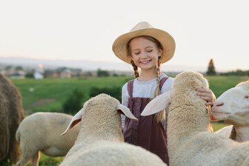 Poster - Girl stroking sheep on pasture. Farm animals