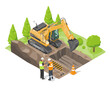 land development  concept backhoe clearing  in forest isometric and enginneer working with worker islolated vector