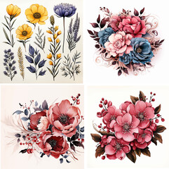 Wall Mural - watercolor head petal bouquet no people botanical illustration set collection white art red floral